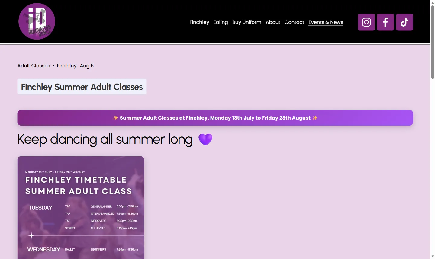 A published blog post, “Finchley Summer Adult Classes”, in the school’s purple with a branded timetable graphic