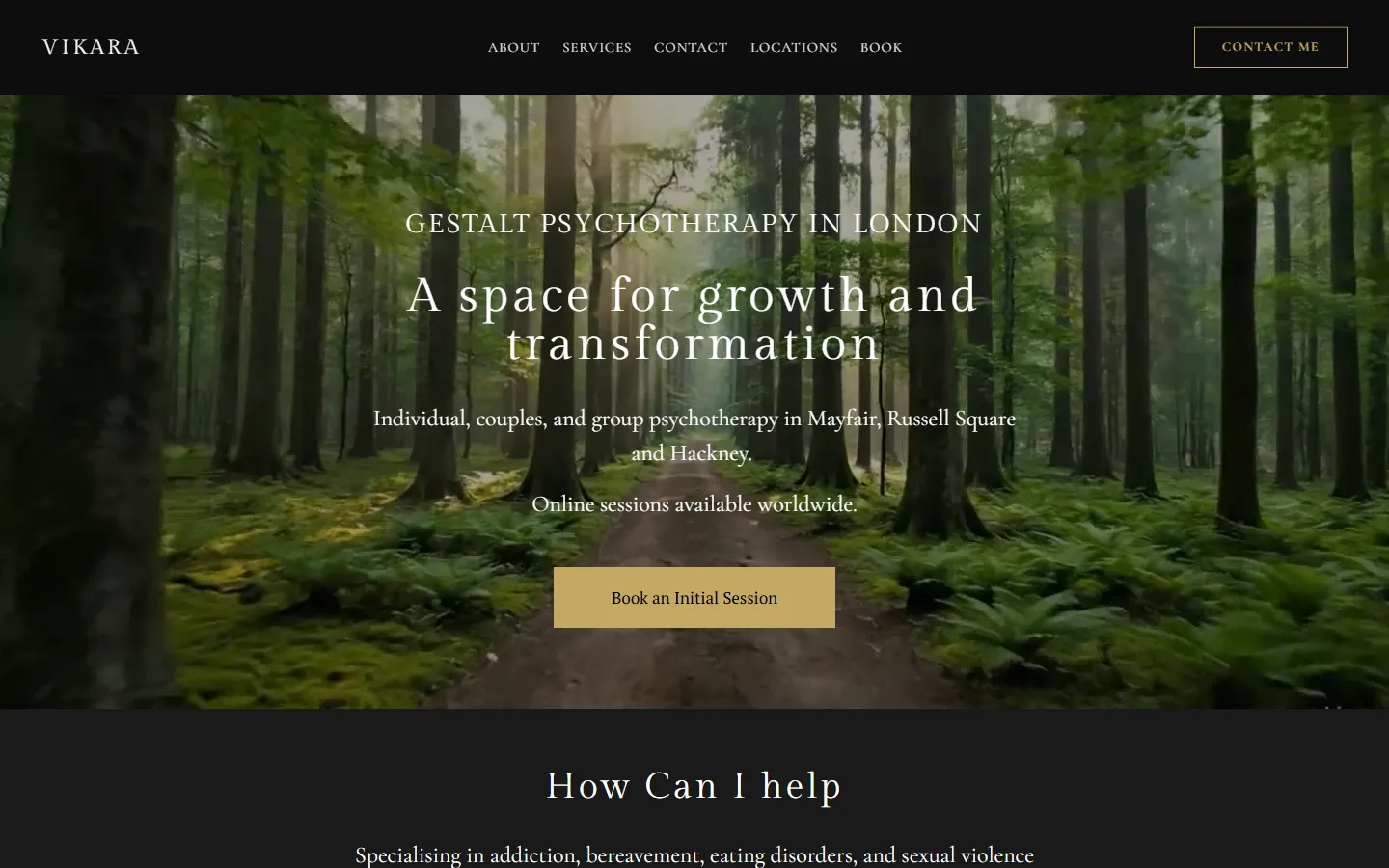 Vikara home page: dark header, forest hero, “A space for growth and transformation”