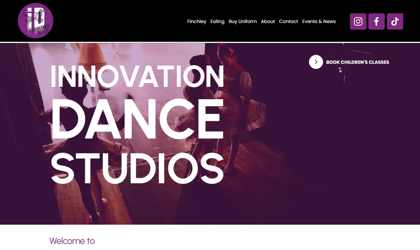 Innovation Dance Studios home page: purple hero over a backstage photo, with the Finchley and Ealing routes below