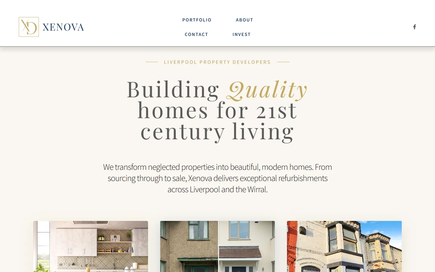 Xenova home page: “Building quality homes for 21st century living” above three project images