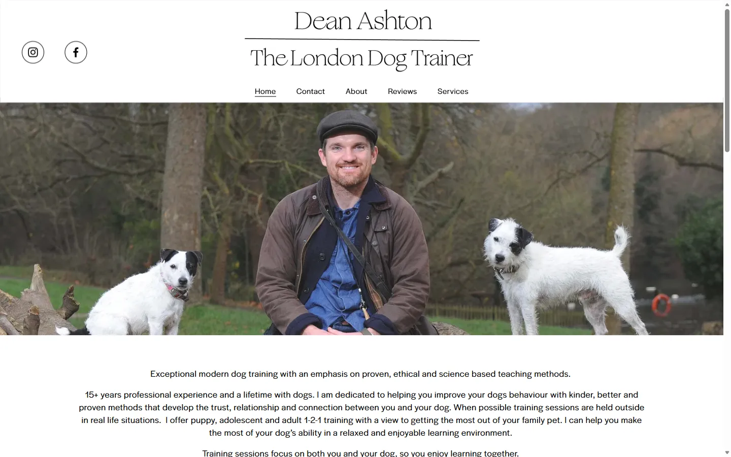 The London Dog Trainer home page: Dean with two of his dogs, the five services beneath