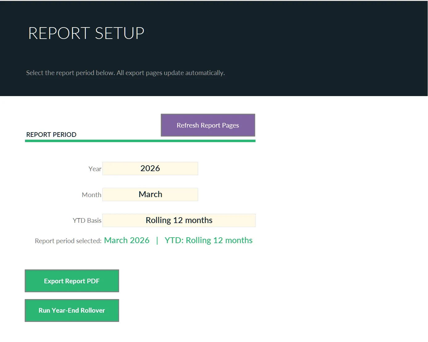 The report setup sheet: pick a year, month and year-to-date basis, then buttons to refresh the report pages, export the PDF and run the year-end rollover