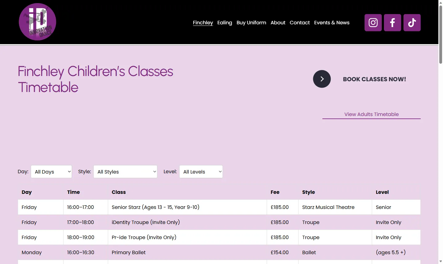 The Finchley children’s timetable: Day, Style and Level filters above a table of classes, fees and levels, all read from the Google Sheet